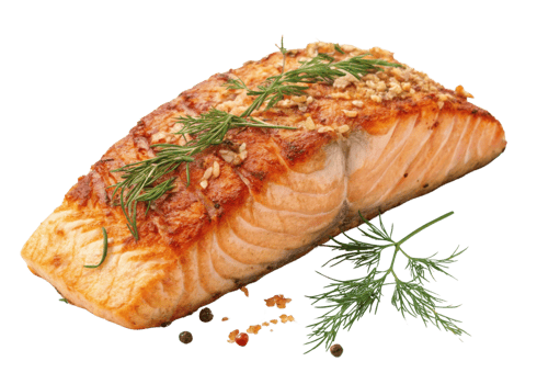 Grilled salmon fillet with fresh dill and crushed peppercorns served as delicious and healthy meal with vibrant salmon color and texture png