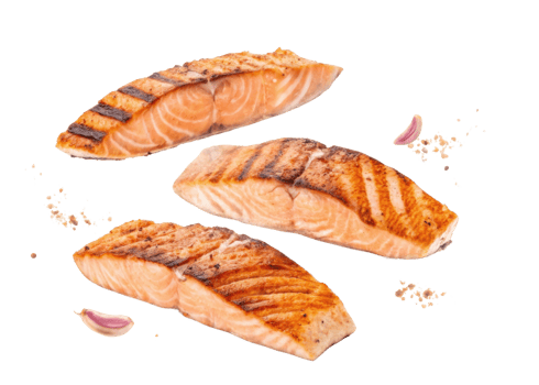 Grilled salmon fillet with garlic and seasoning isolated transparency background showing fresh cooked fish with crispy texture and delicious flavor png