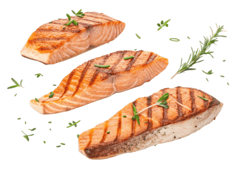 Grilled salmon fillet with fresh herbs and spices, showcasing delicious and healthy meal with vibrant salmon color and appetizing texture png