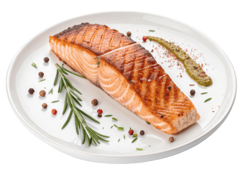 Grilled salmon fillet served on white plate with fresh rosemary and peppercorns creating delicious and appetizing meal presentation png