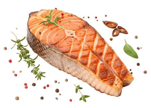 Grilled salmon steak with fresh herbs and peppercorns creating delicious and healthy meal with vibrant salmon color and appetizing texture png
