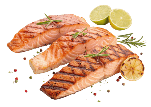 Grilled salmon fillet with lemon and herbs served fresh and flavorful with crispy texture and vibrant salmon color for healthy meal png