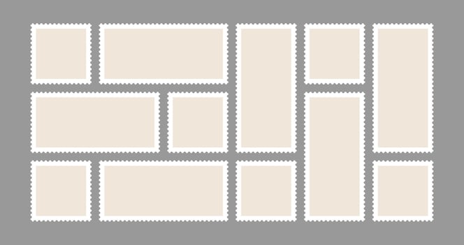Post stamp set. Postcard corner delivery mark. Perforated border and rectangular square shape label. Scrapbook travel sticker, Vintage mail envelope seal. Retro shipping package postage clipart vector