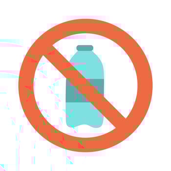 A red circle with a white border that says no bottle in blue. The image is of a bottle of water vector
