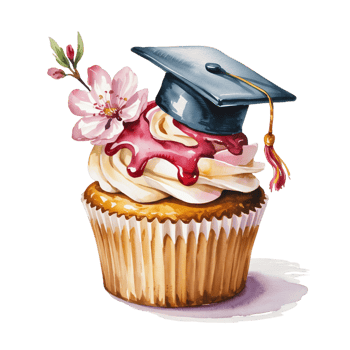 A delicious cupcake topped with creamy frosting and red syrup is adorned with a graduation cap cutouts png