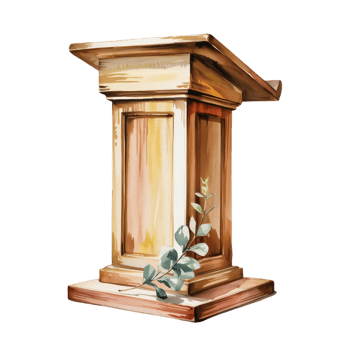 A wooden podium stands prominently with a leafy branch resting against its base, showcasing a blend of natural elements cutouts png