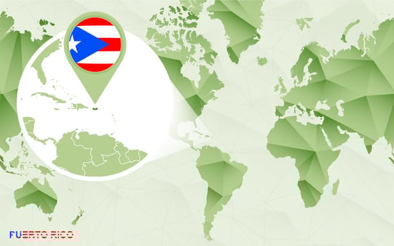 America centric world map with magnified Puerto Rico map. vector