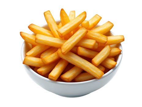 A tempting white bowl piled high with golden crispy thick cut French fries snack png