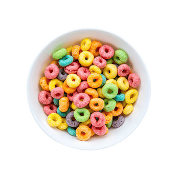 A white bowl brimming with colourful fruity loop breakfast cereal popular with young children png