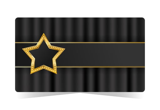 VIP card with golden star and black draped curtains. illustration for theatre, club, cinema, casino vector