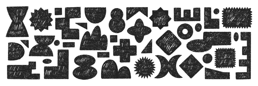 Set of y2k elements with abstract geometric shapes. Rectangle, circle and heart with crayon, chalk or pastel texture. Hand drawn illustration. vector