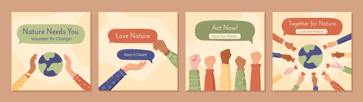 Flat banner set with hands and globe promoting social media community volunteerism. Encourages teamwork, charity, and global support for nature planet conservation. vector