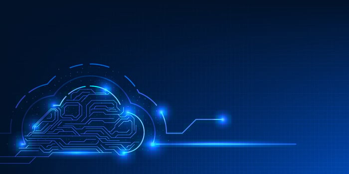 Cloud computing technology in the form of digital circuits represents unlimited data connectivity, processing and storage on the cloud, symbolizing the digital innovation that drives business. vector