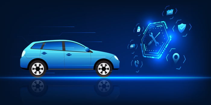 Service Technology The car in front is a service icon, car maintenance and repair, emergency insurance claims, for safety and extending the life of the car in the era of automotive technology. vector