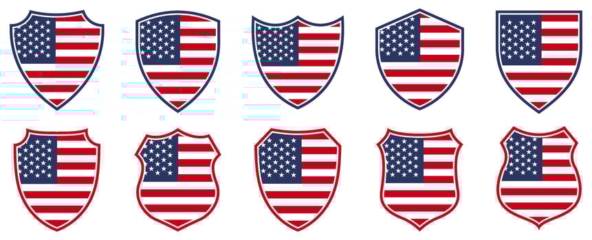 set collections USA flag in shield badge icon. USA flag symbol of powerful country. United States of America independence day emblem label sticker design template illustration vector