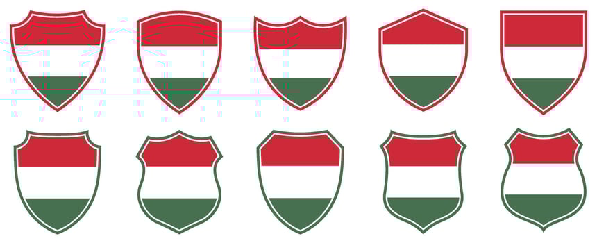 set collections Hungary flag in shield badge icon. Hungary flag symbol of powerful country. Hungary independence day emblem label sticker design template illustration vector