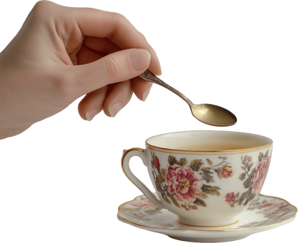 A person's hand holding a spoon over a cup of tea png
