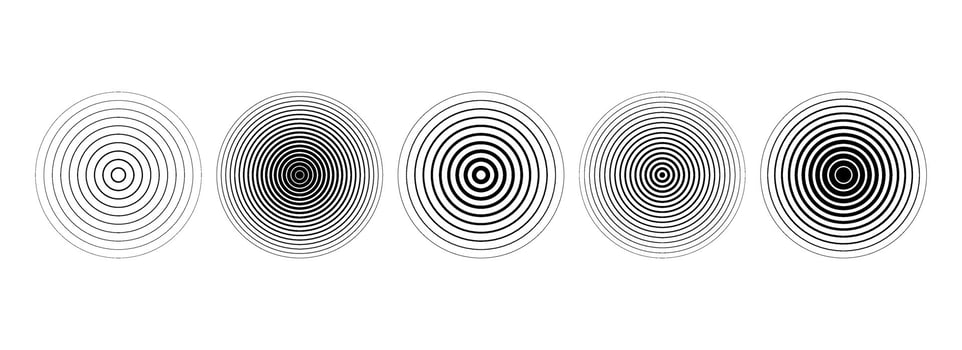 Black linear concentric circle set. Fading round sound wave collection. Epicenter, target, radar, sonar icon concept. Radial radio signal or vibration element pack. Striped symbols vector