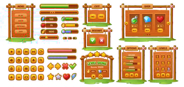 Wooden game interface, cartoon wood ui kit vector