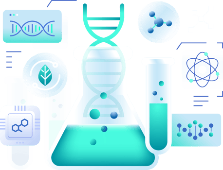 Biological Science Research concept illustration, biotech laboratory digital pharma molecular and healthcare technology clipart png