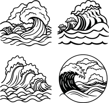 Set of hand drawn ocean wave illustrations in black and white vector