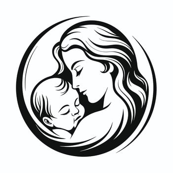 Silhouette of a mother embracing her baby in a circle frame vector