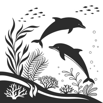 Two dolphins swimming in ocean with fish seaweed and bubbles silhouette vector