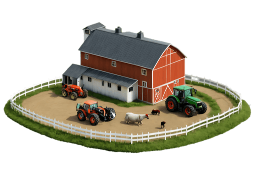 Farm animals and tractors in front of a red barn png