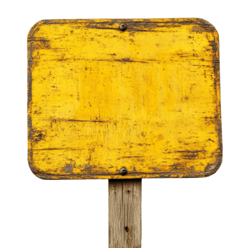 Aged wooden sign with vibrant yellow surface on a pole offers a weathered, rustic charm for creative projects png