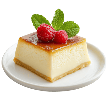 Elegant cheesecake square garnished with vibrant raspberries and fresh mint leaves on a plate with a simple presentation png