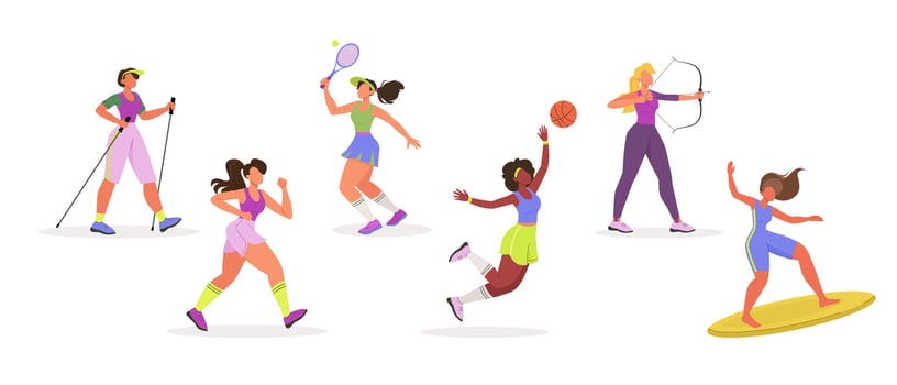 Sport Young women set performing sports activities. Active female characters jogging, nordic walking, riding surfboard, shooting bow, playing basketball and tennis. Flat illustration vector