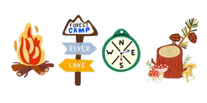 Camping equipment stickers collection in retro cartoon style for nature outdoor adventure vector