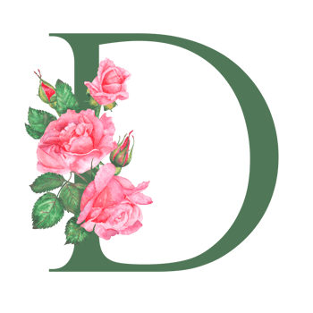 Hand painted watercolor floral alphabet - letter D. The letters of the alphabet are dark green and decorated with watercolor roses. Wedding, birthday, children's party, any creative ideas. png
