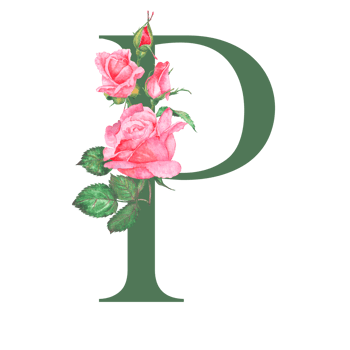 Hand painted watercolor floral alphabet - letter P. The letters of the alphabet are dark green and decorated with watercolor roses. Wedding, birthday, children's party, any creative ideas. png