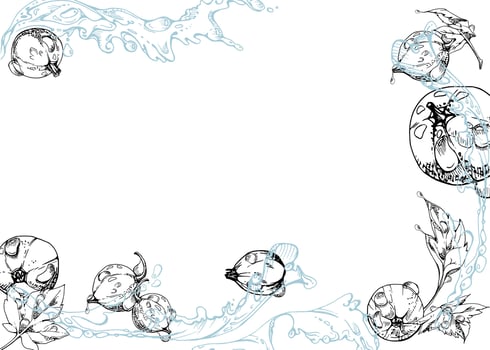 Currant gooseberry flying in water splash with green leaves, dew drops, ripe garden berry juneberry casseille jostaberry hand drawn in ink. Isolated border corner frame. Menu, farmers market vector
