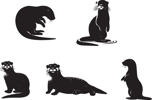Otters in Various Poses Black Silhouettes vector
