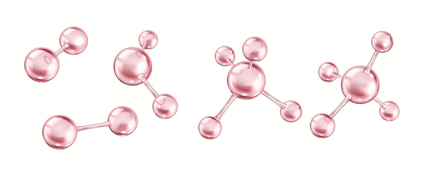 Pink collagen molecules forming structures realistic color icons set. Rotating models for chemists investigation 3d objects bundle on white background vector