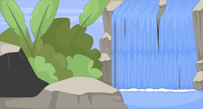 Tropical waterfall in jungle flat illustration background. Lush greenery landscape, rocks and falling water. Rainforest nature environment 2D cartoon backdrop. Colorful scene art image vector