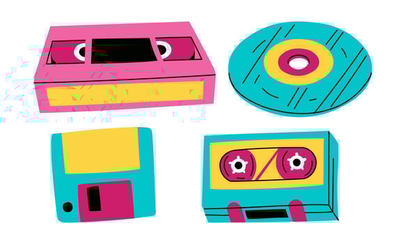 set of audio and vide data storage from the 90s and 2000s. Flat color illustration. pop-retro for greeting cards or posters, for printing on clothes. Fashion and style, clothes and accessories vector