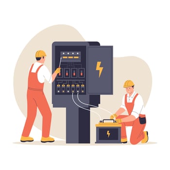 Illustration of Electricians Repairing Electrical Panel and Battery vector