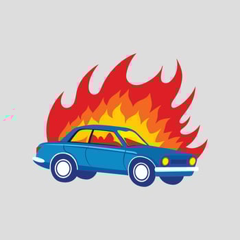 a cartoon car with flames coming out of it. vector