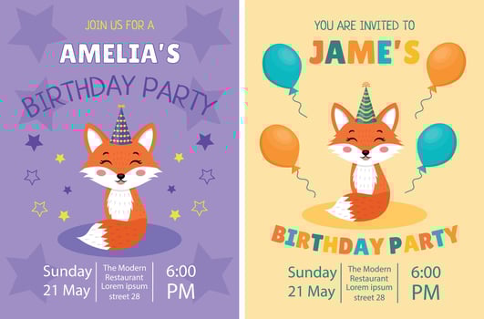 Cute fox birthday invitation set with name, date, time and place. vector