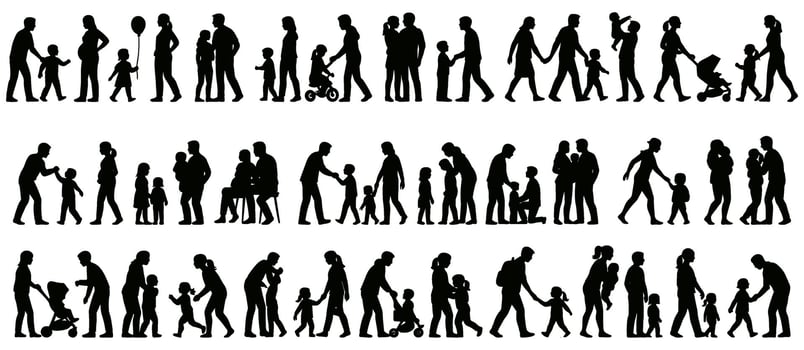 Diverse family silhouettes showcase multigenerational love parenting and familial bonds in dynamic arrangement vector