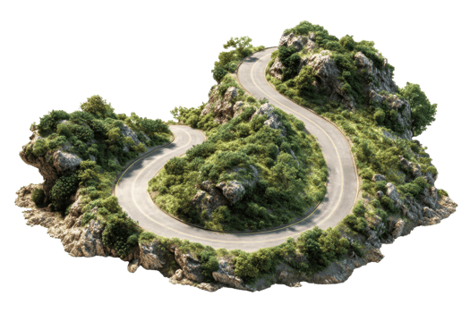 Mountain Road Through Lush Vegetation and Rocky Terrain isolated on transparent background png