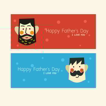 Set of Father's day horizontal cards. Creative template with man character design, doodle clip art illustration cartoon. Greetings in red and blue for banner, poster, social media marketing vector