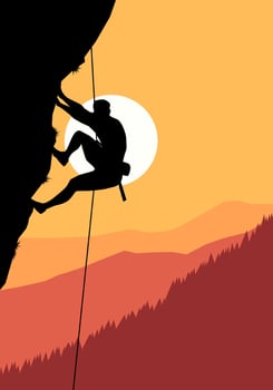 A daring rock climber ascends a rugged cliff face under clear skies, equipped with ropes and harness, showcasing strength, focus, and the thrill of conquering vector