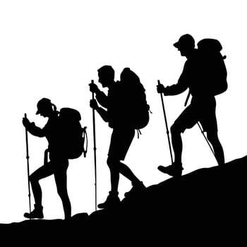Silhouette group of hikers trekking up hill with backpacks and hiking poles vector
