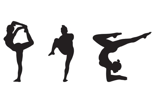Black Silhouettes of Young Women in Motion, Posing in Different Postures. vector