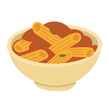 Tasty cartoon bowl of penne pasta with tomato sauce and basil, isolated, flat food style. vector