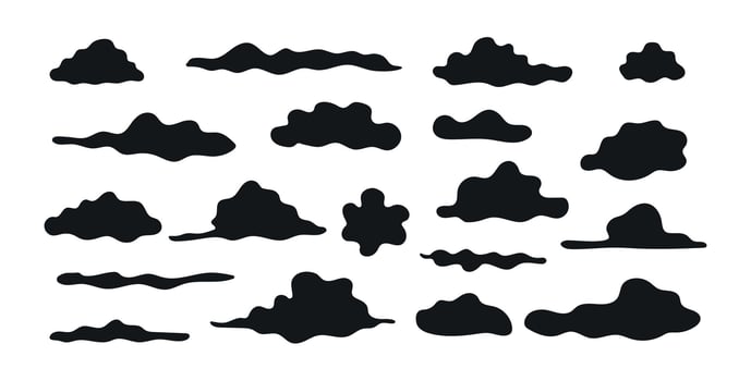 Set of Black Silhouette Cloud Shapes Isolated on White Background. Concept of Weather Icons, Abstract Sky Elements, Minimalist Design, Atmospheric Art, Graphic Illustration Collection. ClipArt vector